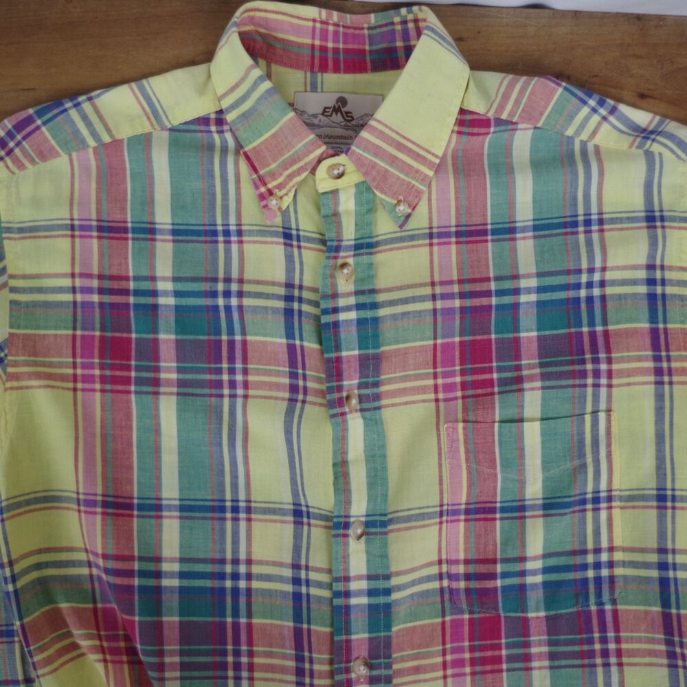 2 USA Made EMS Short Sleeve Madras Plaid Cotton Button Down Collared Shirts - Picture 7 of 12